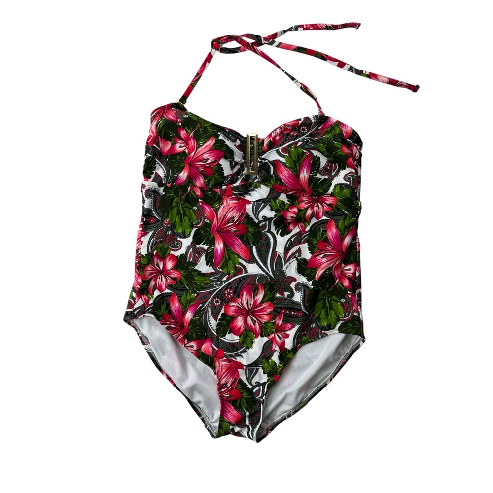 Merona Women's Red and Pink Floral Print One Piece Swim Suit Large
